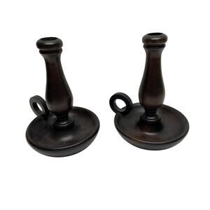 Vintage Pair of Turned Wooden Finger Loop Candle Holders Wood Dark Academia